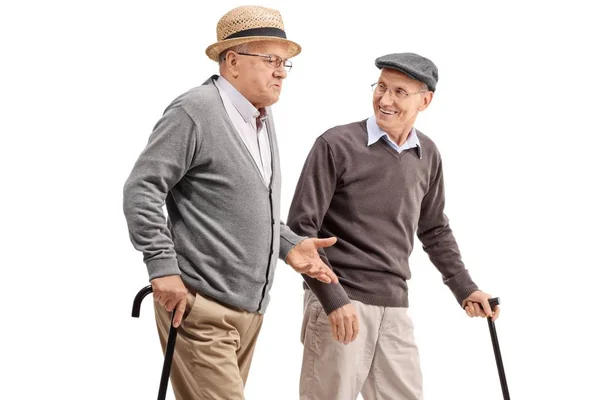 Two Mature Men Walking Talking Each Other Isolated White Background — Stock Photo, Image