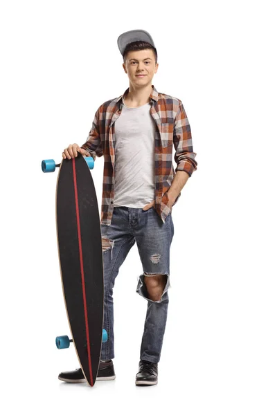 Retrato Comprimento Total Hipster Adolescente Com Longboard Isolado Fundo Branco — Fotografia de Stock