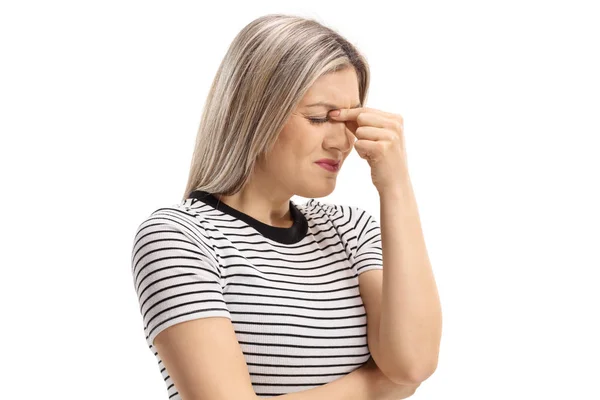 Young Woman Having Headache Isolated White Background — Stock Photo, Image