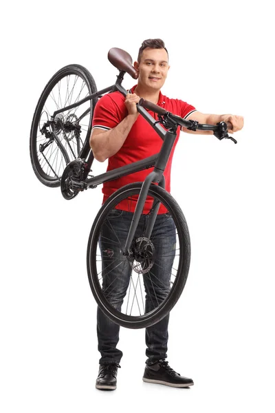 Full Length Portrait Young Man Holding Bicycle His Shoulder Isolated — Stock Photo, Image