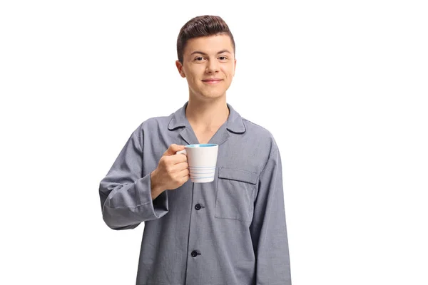 Teenage Boy Wearing Pajamas Holding Cup Isolated White Background — Stock Photo, Image