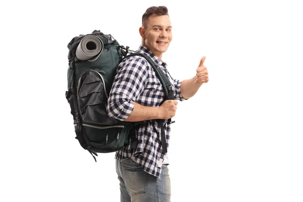 Tourist Mit Rucksack Macht Eine Daumen Hoch Geste Isoliert Auf — Stockfoto