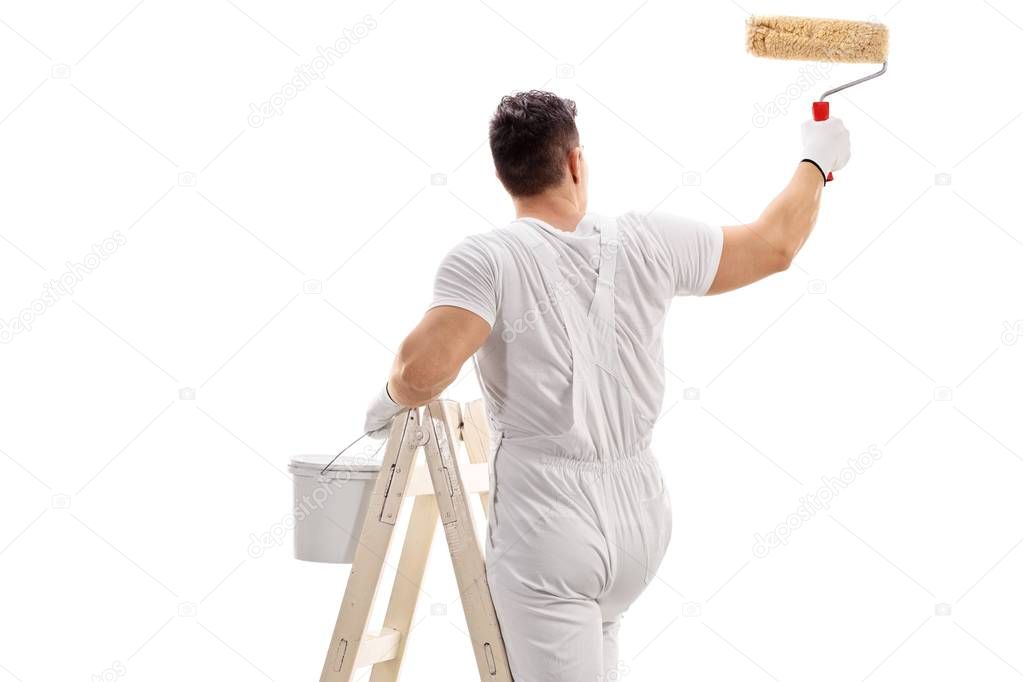 Rear view shot of a painter climbed up a ladder painting with a roller isolated on white background