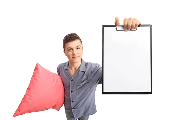 Teenage Boy Holding Pillow Clipboard Isolated White Background — Stock Photo, Image