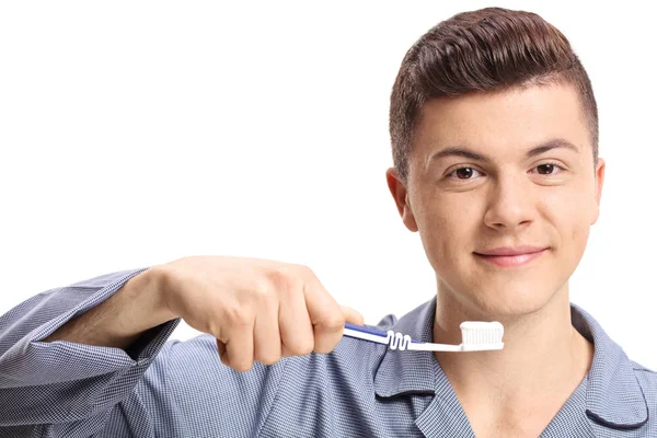 Close Teenage Boy Pajamas Holding Toothbrush Toothpaste Isolated White Background — Stock Photo, Image