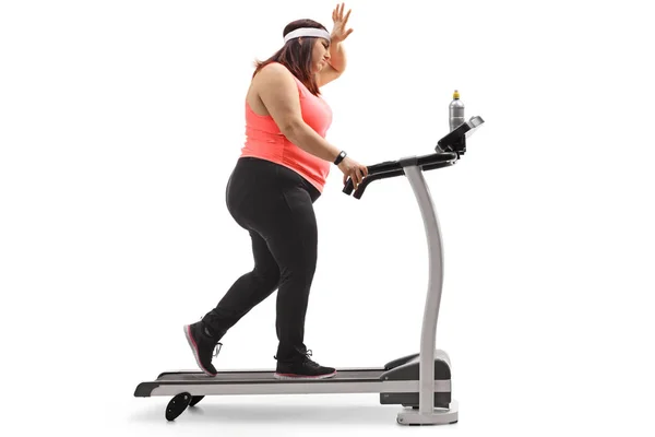 Full Length Profile Shot Tired Overweight Woman Exercising Treadmill Isolated — Stock Photo, Image