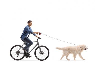 Adam ile beyaz arka plan üzerinde izole bir labrador retriever köpek Bisiklete binme