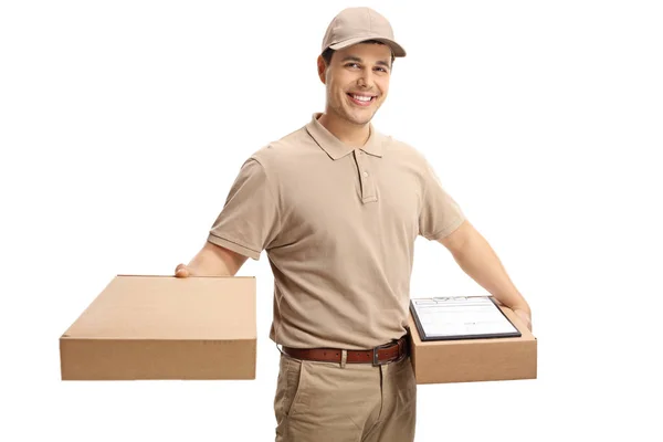 Delivery Man Giving Package Isolated White Background — Stock Photo, Image