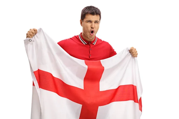 Futebol Eufórico Segurando Uma Bandeira Inglesa Isolada Fundo Branco — Fotografia de Stock
