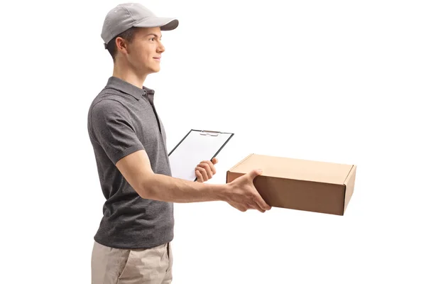 Teenage Delivery Boy Giving Package Isolated White Background — Stock Photo, Image