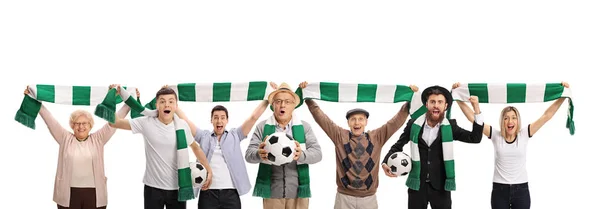 Excited soccer fans with scarfs and footballs isolated on white background