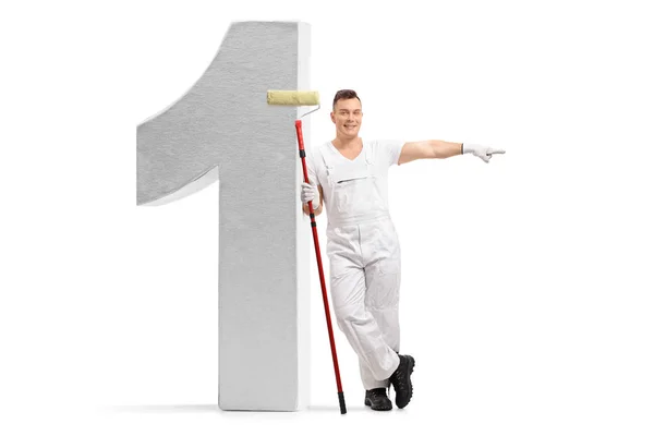 Full Length Portrait Painter Paint Roller Leaning Number One Figure — Stock Photo, Image