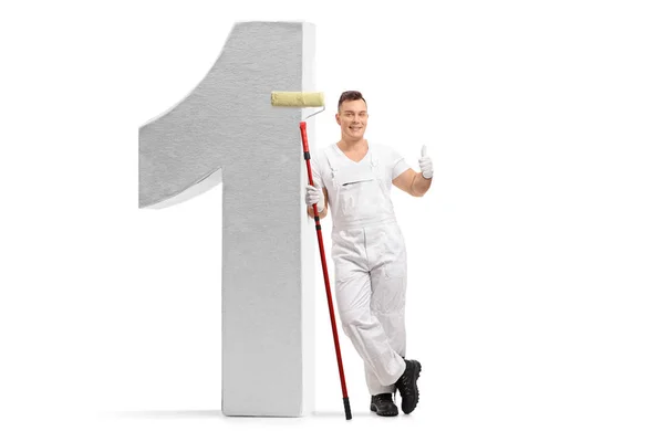 Full Length Portrait Painter Paint Roller Leaning Number One Figure — Stock Photo, Image
