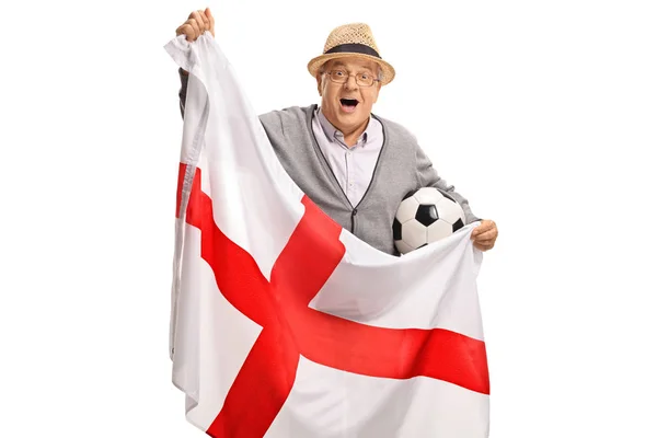 Excited Elderly Soccer Fan Holding English Flag Isolated White Background — Stock Photo, Image
