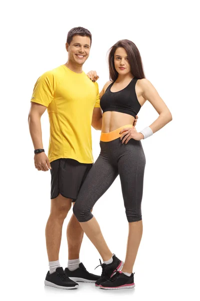 Retrato Comprimento Total Jovem Casal Fitness Isolado Fundo Branco — Fotografia de Stock