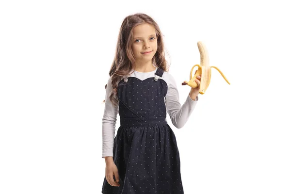 Menina Segurando Uma Banana Isolada Fundo Branco — Fotografia de Stock