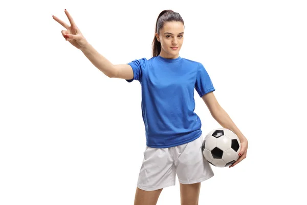 Female Soccer Player Making Victory Gesture Isolated White Background — Stock Photo, Image