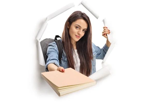 Female Student Breaking Paper Giving Book Isolated White Background — Stock Photo, Image