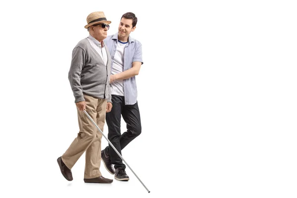 Full Length Profile Shot Blind Mature Man Walking Help Young — Stock Photo, Image