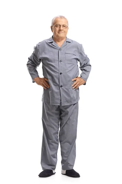 Full Längd Porträtt Mogen Man Pyjamas Tittar Kameran Isolerad Vit — Stockfoto