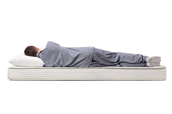 Rear View Shot Teenager Sleeping Mattress Isolated White Background — Stock Photo, Image