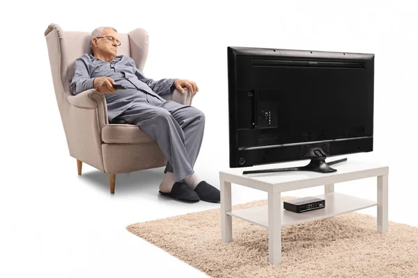 Mature Man Sleeping Armchair Front Television Isolated White Background — Stock Photo, Image