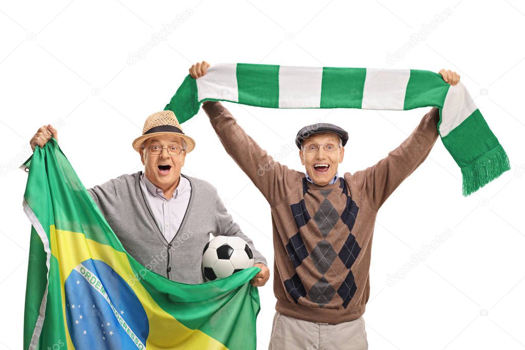 Cheerful elderly soccer fans with a Brazilian flag and a scarf isolated on white background