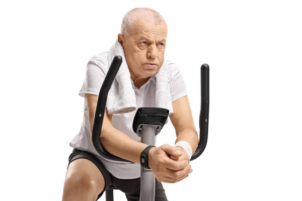 Exhausted Senior Exercise Bike Isolated White Background — Stock Photo, Image