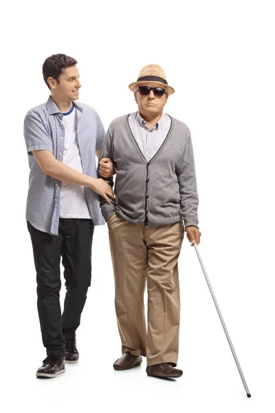 Full Length Portrait Mature Man Walking Help Young Guy Isolated — Stock Photo, Image