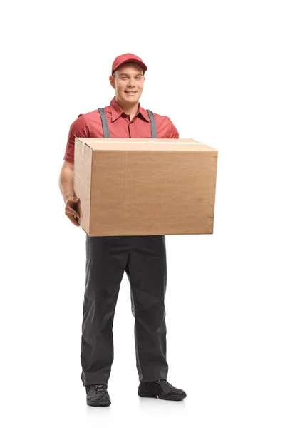Ganzkörperporträt Eines Mover Der Eine Box Auf Weißem Hintergrund Hält — Stockfoto