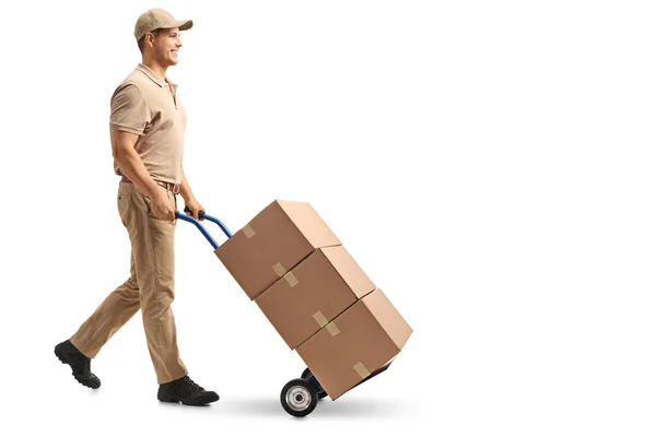 Volledige Lengte Profiel Schot Van Een Delivery Guy Duwen Een — Stockfoto