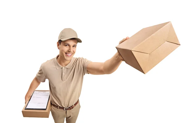 Delivery Guy Package Isolated White Background — Stock Photo, Image