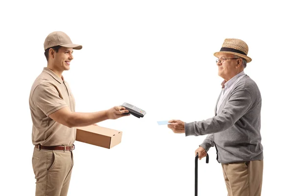 Delivery Man Holding Package Payment Terminal Mature Man Giving Him — Stock Photo, Image