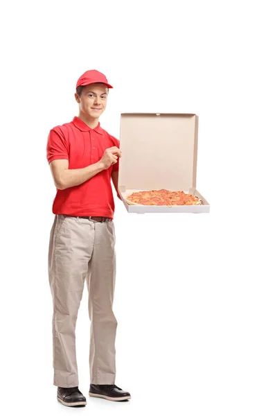 Full Length Portrait Teenage Delivery Boy Holding Pizza Box Isolated — Stock Photo, Image