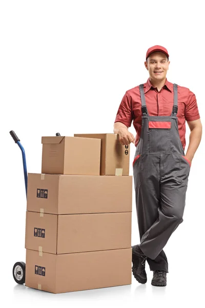 Full Length Portrait Mover Leaning Stack Boxes Loaded Hand Truck — Stock Photo, Image