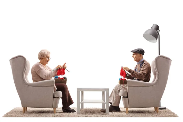 Elderly Woman Elderly Man Seated Armchairs Knitting Isolated White Background — Stock Photo, Image
