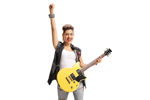 Punk Chica Con Una Guitarra Eléctrica Gesto Felicidad Aislado Sobre — Foto de Stock