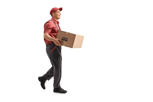 Full Length Profile Shot Mover Carrying Package Walking Isolated White — Stock Photo, Image