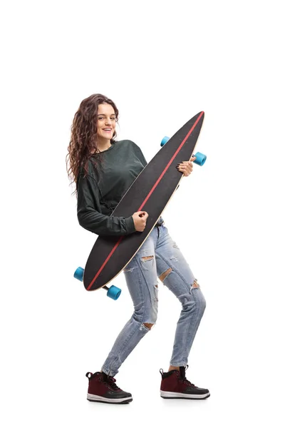 Full Length Portrait Skater Girl Pretending Play Guitar Longboard Isolated — Stock Photo, Image