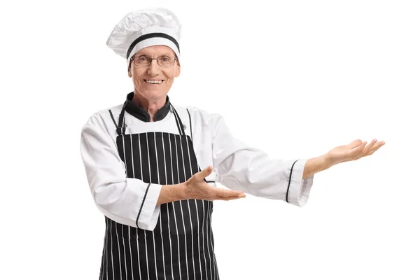 老厨师手势与他的手隔绝在白色背景 — 图库照片