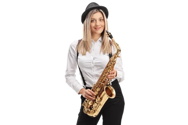 Kvinnliga Jazzmusiker Som Innehar Saxofon Som Isolerad Vit Bakgrund — Stockfoto