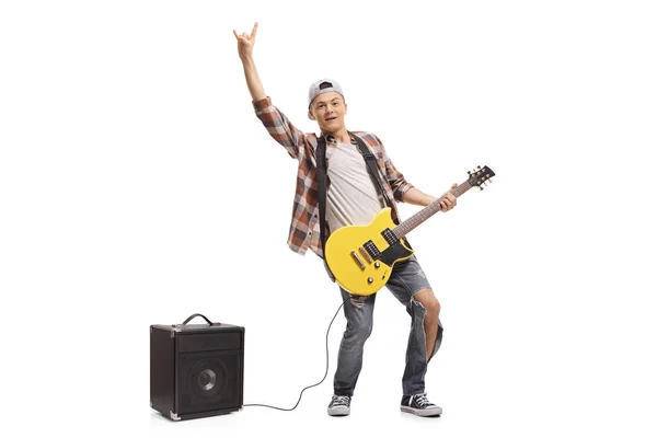 Full Length Portrait Teenager Electric Guitar Amplifier Making Rock Gesture — Stock Photo, Image