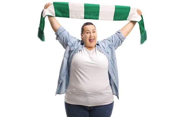 Overjoyed Female Sports Fan Holding Scarf Isolated White Background — Stock Photo, Image