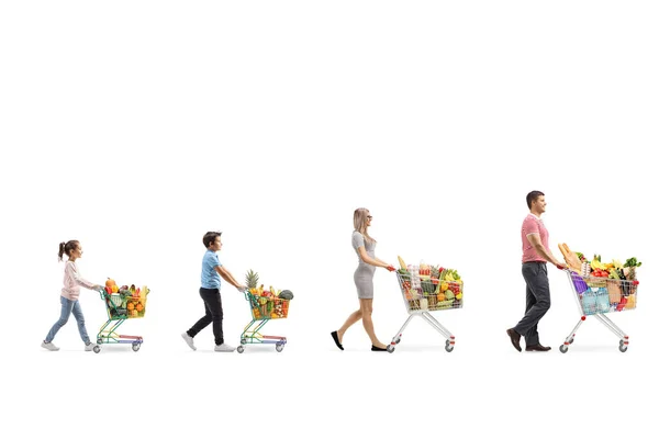 Family of a mother, father, daughter and son with shopping carts — Stock Photo, Image