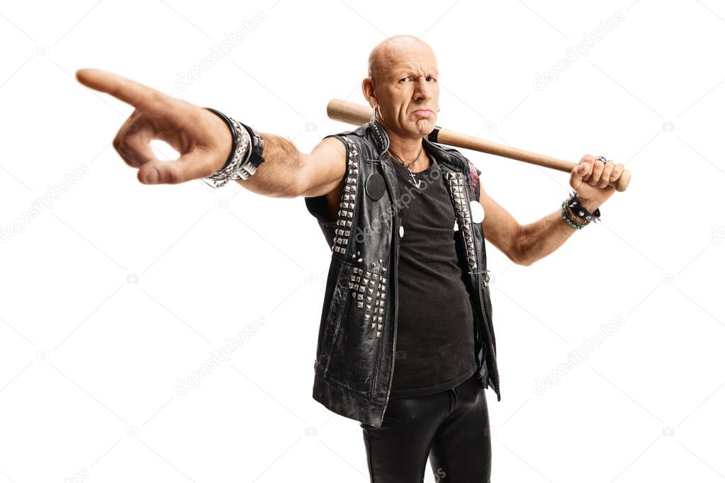 Angry punk with a baseball bat gesturing with finger