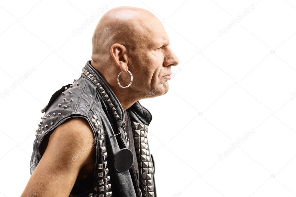 Angry bald man in a leather vest