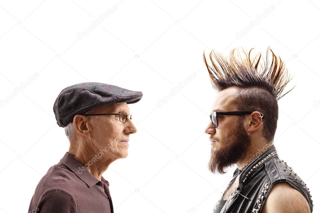 Young punk and a senior man looking at each other 