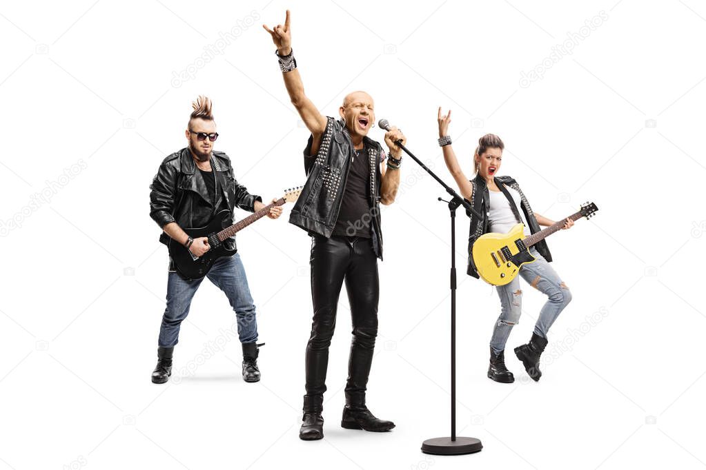 Male rock star singing on a microphone and male and female music