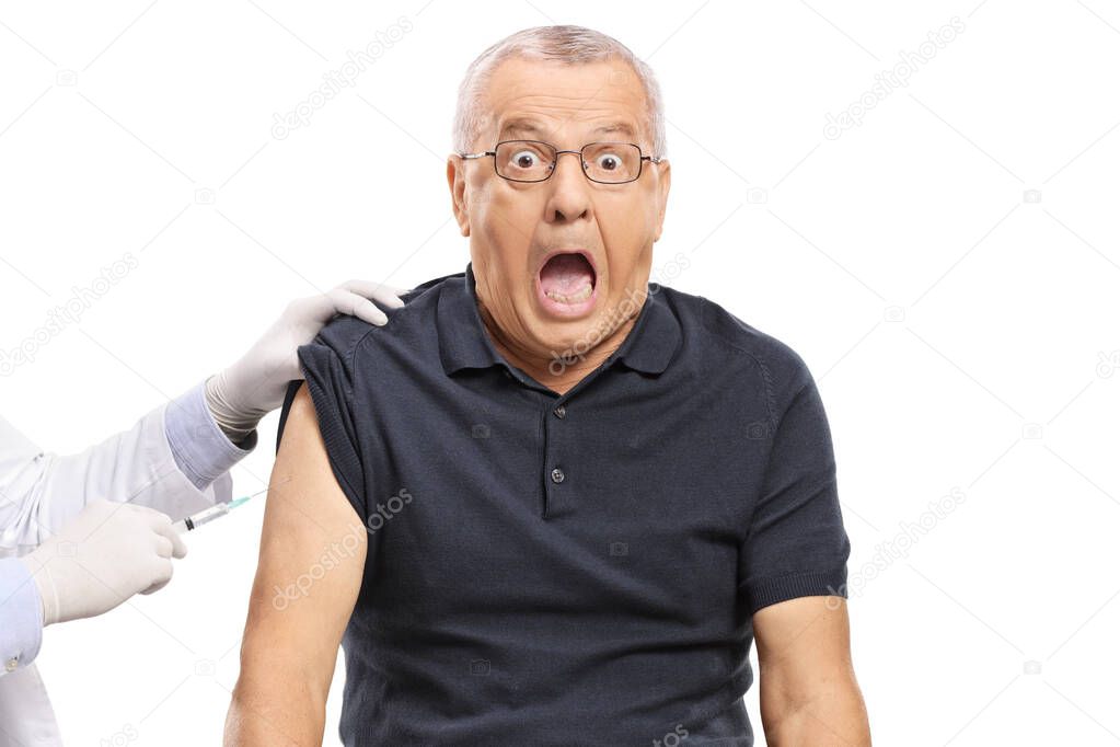 Scared mature man getting a vaccine