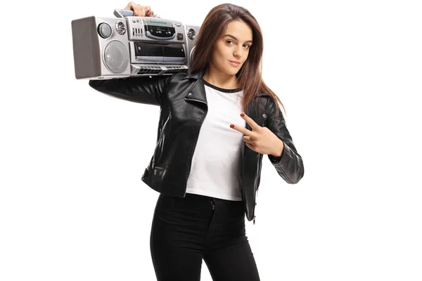 Young female with a boombox radio gesturing a peace sign — Stock Photo, Image